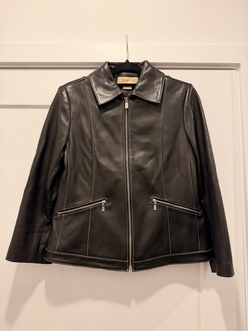 Michael Kors Black Leather Zip Jacket with Contrast Stitching